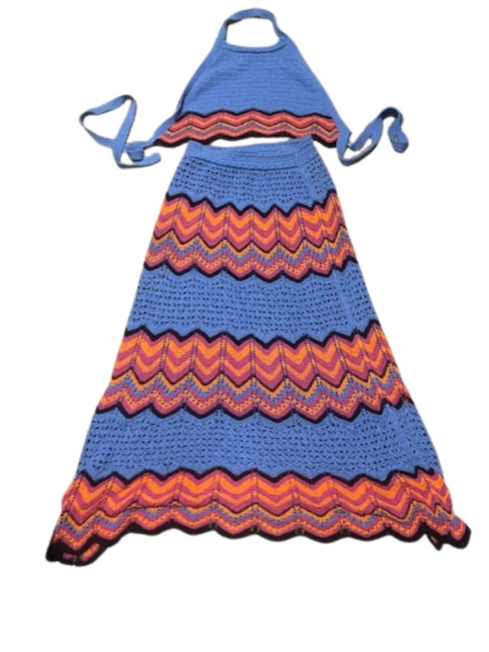 ZARA  Special Edition Knit Crochet Maxi Skirt Blue & Coral Sz S